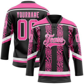 Custom Black Pink-White 3D Pattern Abstract Shape Hockey Lace Neck Jersey