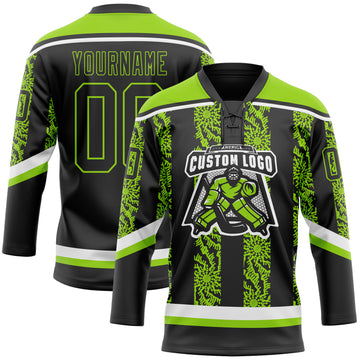 Custom Black Neon Green-White 3D Pattern Abstract Shape Hockey Lace Neck Jersey