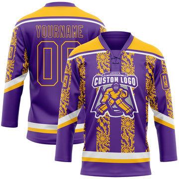 Custom Purple Gold-White 3D Pattern Abstract Shape Hockey Lace Neck Jersey