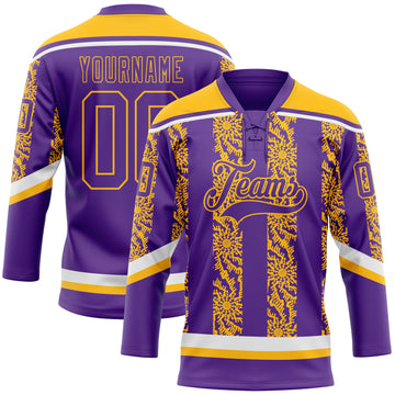 Custom Purple Gold-White 3D Pattern Abstract Shape Hockey Lace Neck Jersey