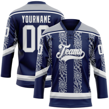 Custom Navy White-Gray 3D Pattern Abstract Shape Hockey Lace Neck Jersey