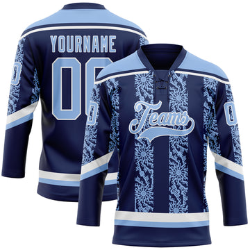 Custom Navy Light Blue-White 3D Pattern Abstract Shape Hockey Lace Neck Jersey
