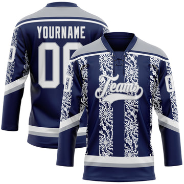 Custom Navy White-Gray 3D Pattern Abstract Shape Hockey Lace Neck Jersey