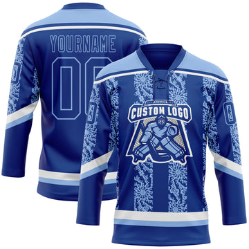 Custom Royal Light Blue-White 3D Pattern Abstract Shape Hockey Lace Neck Jersey
