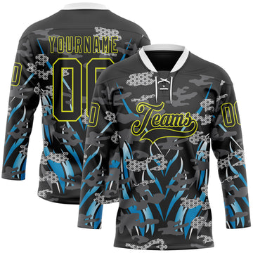 Custom Black Neon Yellow Blue-White 3D Pattern Abstract Camo Hockey Lace Neck Jersey