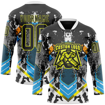 Custom Black Neon Yellow Blue-White 3D Pattern Abstract Splash Hockey Lace Neck Jersey