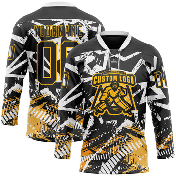 Custom Black Gold-White 3D Pattern Abstract Hockey Lace Neck Jersey