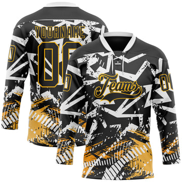 Custom Black Gold-White 3D Pattern Abstract Hockey Lace Neck Jersey