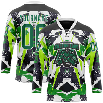 Custom Black Kelly Green White-Green 3D Pattern Abstract Grunge Hockey Lace Neck Jersey