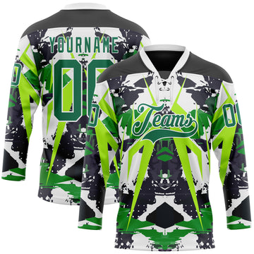 Custom Black Kelly Green White-Green 3D Pattern Abstract Grunge Hockey Lace Neck Jersey