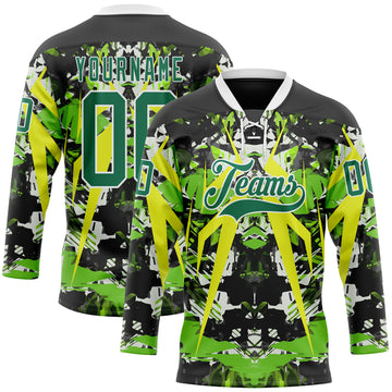 Custom Black Kelly Green White-Green 3D Pattern Abstract Grunge Hockey Lace Neck Jersey