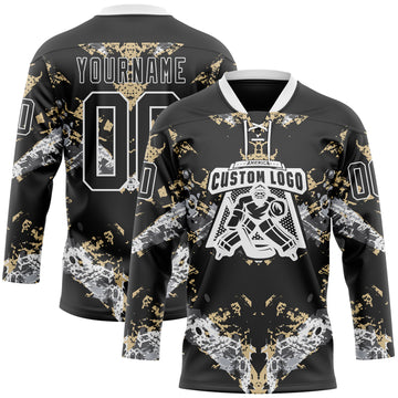 Custom Black Vegas Gold-White 3D Pattern Abstract Grunge Hockey Lace Neck Jersey