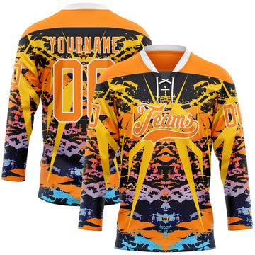 Custom Bay Orange Blue-White 3D Pattern Abstract Grunge Hockey Lace Neck Jersey