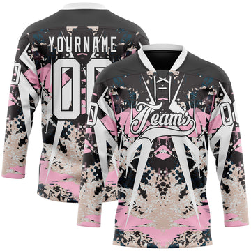 Custom Black White-Light Pink 3D Pattern Abstract Grunge Hockey Lace Neck Jersey