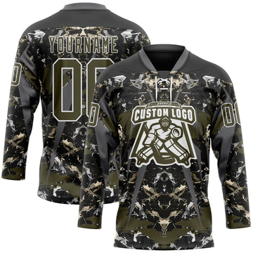 Custom Black Olive Steel Gray-White 3D Pattern Abstract Grunge Hockey Lace Neck Jersey
