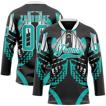 Custom Black Aqua-White 3D Pattern Abstract Hockey Lace Neck Jersey