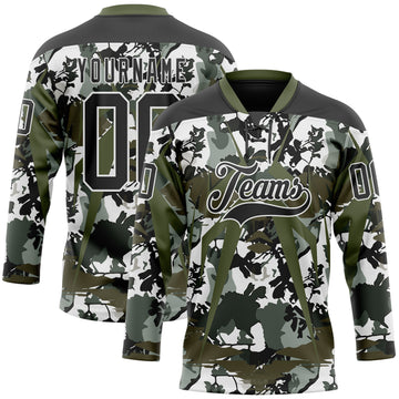 Custom Black Olive-White 3D Pattern Abstract Camo Hockey Lace Neck Jersey