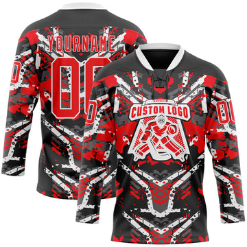 Custom Black Fire Red-White 3D Pattern Abstract Grunge Hockey Lace Neck Jersey