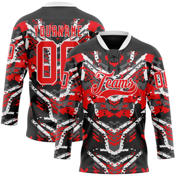 Custom Black Fire Red-White 3D Pattern Abstract Grunge Hockey Lace Neck Jersey