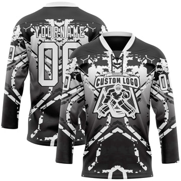 Custom Black White-Gray 3D Pattern Abstract Gradient Hockey Lace Neck Jersey