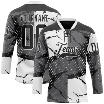 Custom Black Gray-White 3D Pattern Abstract Split Hockey Lace Neck Jersey