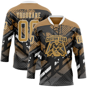 Custom Old Gold Gray Black-White 3D Pattern Abstract Grunge Hockey Lace Neck Jersey