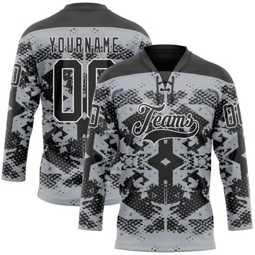 Custom Gray Black-White 3D Pattern Abstract Grunge Hockey Lace Neck Jersey
