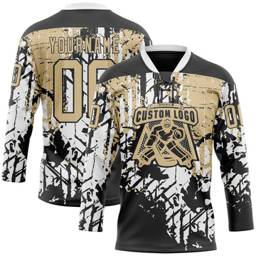 Custom Black Vegas Gold-White 3D Pattern Abstract Grunge Hockey Lace Neck Jersey