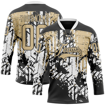 Custom Black Vegas Gold-White 3D Pattern Abstract Grunge Hockey Lace Neck Jersey