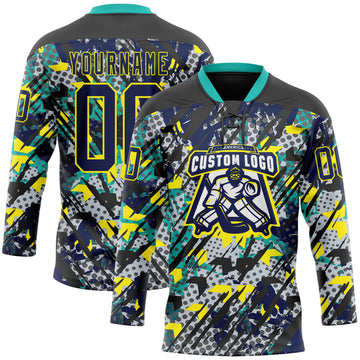 Custom Navy Light Yellow-Aqua 3D Pattern Abstract Grunge Hockey Lace Neck Jersey