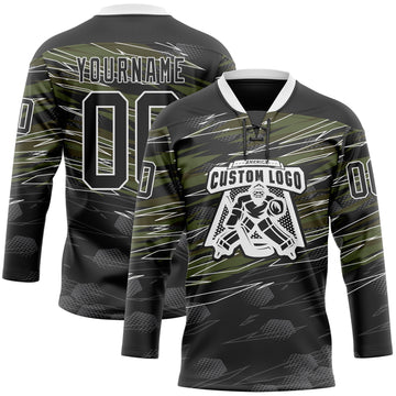 Custom Black Olive-White 3D Pattern Abstract Hockey Lace Neck Jersey