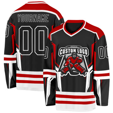 Custom Black Red-White 3D Pattern Cyber Mecha E-sport Hockey Jersey