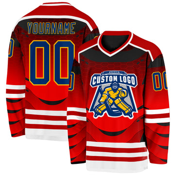 Custom Red US Navy Blue Gold-White 3D Pattern Cyber Mecha E-sport Hockey Jersey