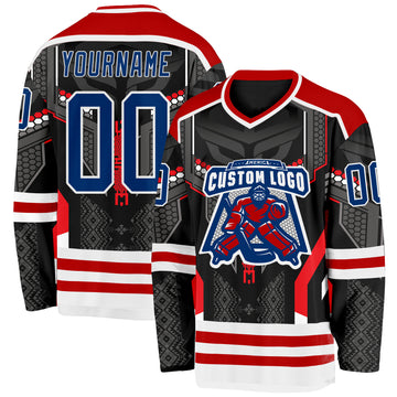 Custom Black US Navy Blue Red-White 3D Pattern Cyber Mecha E-sport Hockey Jersey