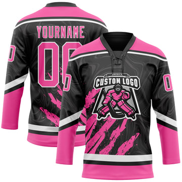Custom Black Pink-White 3D Splash Art Hockey Lace Neck Jersey