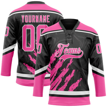 Custom Black Pink-White 3D Splash Art Hockey Lace Neck Jersey