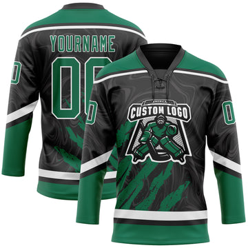 Custom Black Kelly Green-White 3D Splash Art Hockey Lace Neck Jersey