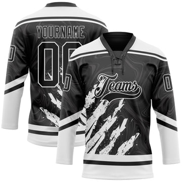 Custom Black White 3D Splash Art Hockey Lace Neck Jersey