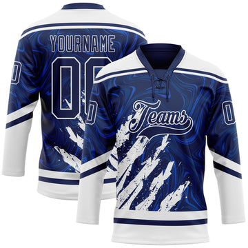 Custom Navy White 3D Splash Art Hockey Lace Neck Jersey