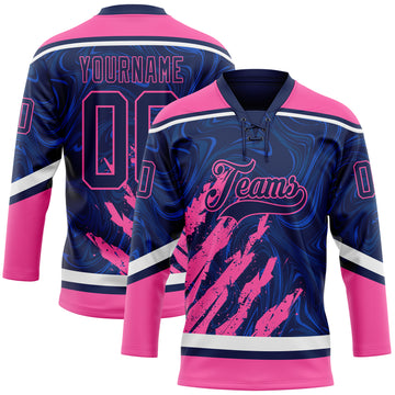 Custom Navy Pink-White 3D Splash Art Hockey Lace Neck Jersey