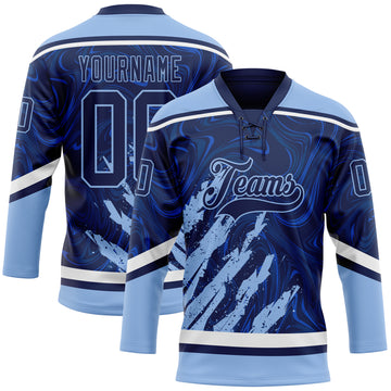 Custom Navy Light Blue-White 3D Splash Art Hockey Lace Neck Jersey