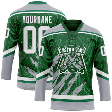 Custom Green White-Gray 3D Splash Art Hockey Lace Neck Jersey