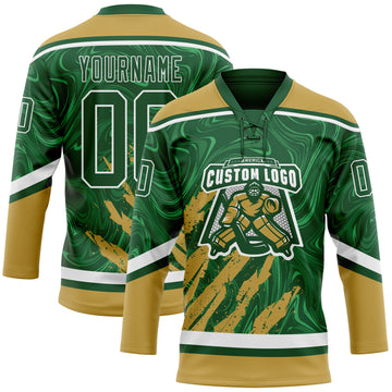Custom Green Old Gold-White 3D Splash Art Hockey Lace Neck Jersey