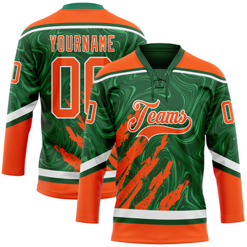 Custom Green Orange-White 3D Splash Art Hockey Lace Neck Jersey