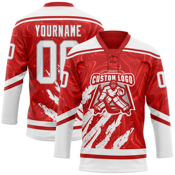Custom Red White-Gray 3D Splash Art Hockey Lace Neck Jersey