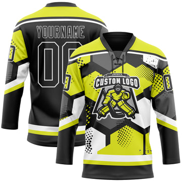 Custom Neon Yellow Black-White 3D Pattern Geometric Shape Hockey Lace Neck Jersey