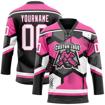 Custom Pink White-Black 3D Pattern Geometric Shape Hockey Lace Neck Jersey