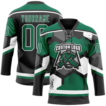 Custom Kelly Green Black-White 3D Pattern Geometric Shape Hockey Lace Neck Jersey