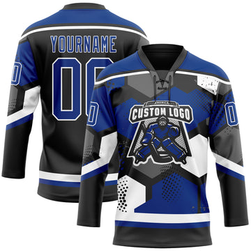Custom Royal Black-White 3D Pattern Geometric Shape Hockey Lace Neck Jersey