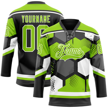 Custom Neon Green Black-White 3D Pattern Geometric Shape Hockey Lace Neck Jersey